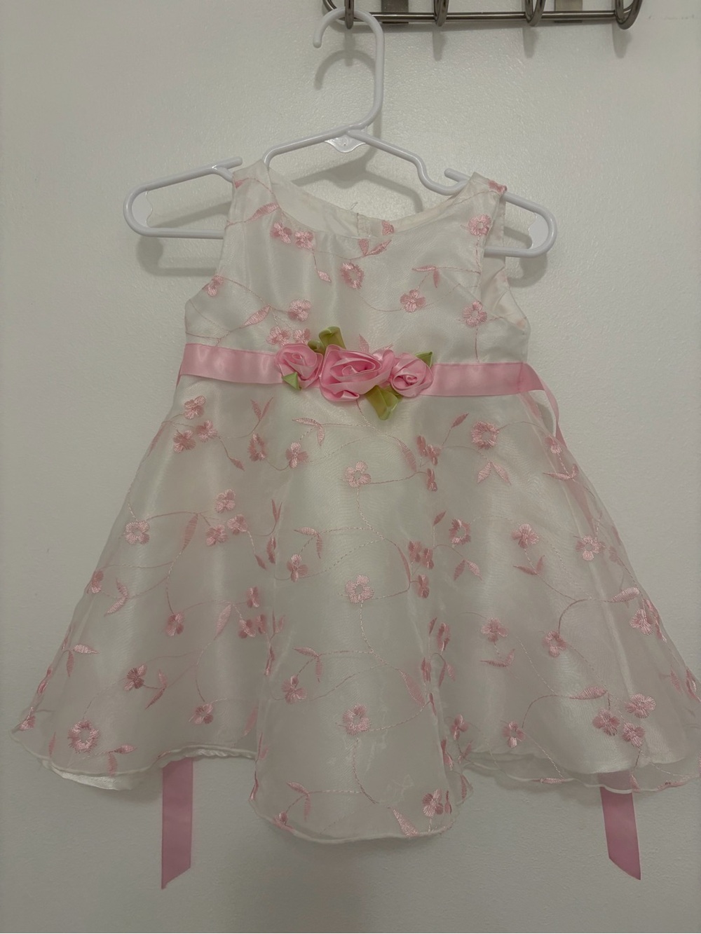 Cream and Pink Floral Organza Girls' Formal Dress with Rosette Belt